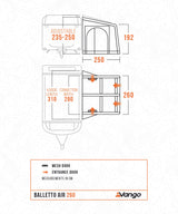 Technical drawing of a Vango Balleto Air 260 tent with measurements in centimeters.