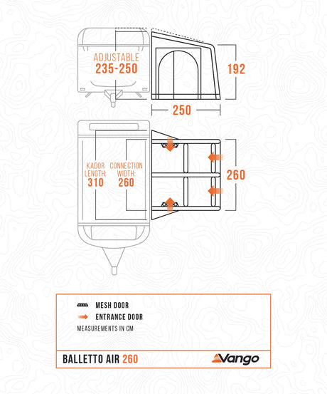 Technical drawing of a Vango Balleto Air 260 tent with measurements in centimeters.
