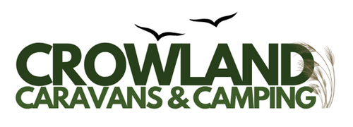 Logo for Crowland Caravans & Camping with green text and bird illustrations on a white background